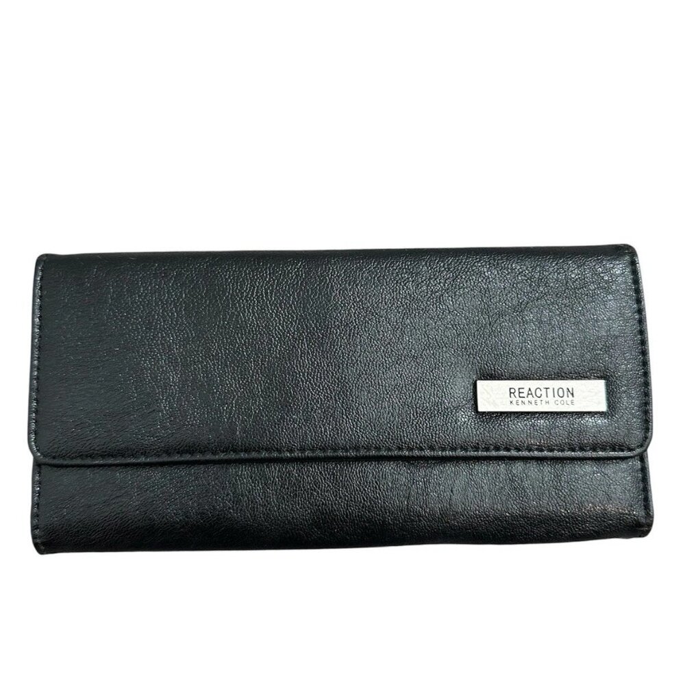 Vintage black synthetic leather Kenneth Cole Reaction trifold wallet for women.